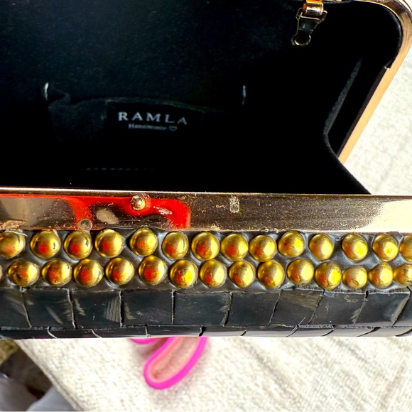 Ramla Handmade Moroccan Black and Gold Embellished Clutch with Green‎ Accent